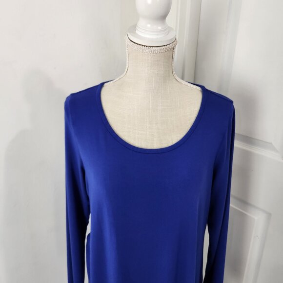 Eileen Fisher Dress Womens L Blue Midi Jersey Knit Keyhole Neck Minimalist - Picture 2 of 14